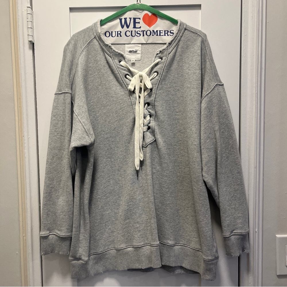 Aerie Lace Up Oversized Sweatshirt in Grey Size S